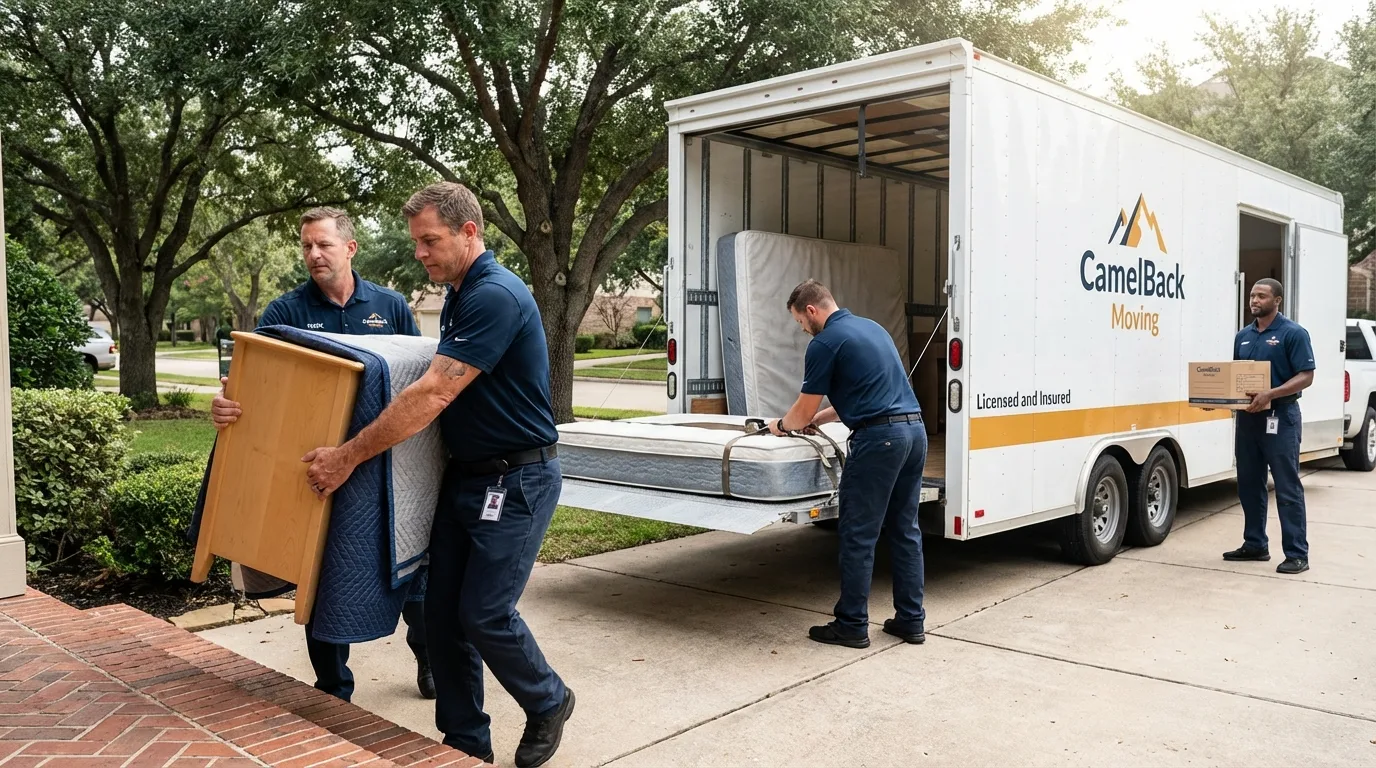 Crew loading residential truck for cross-state move from New Braunfels, TX