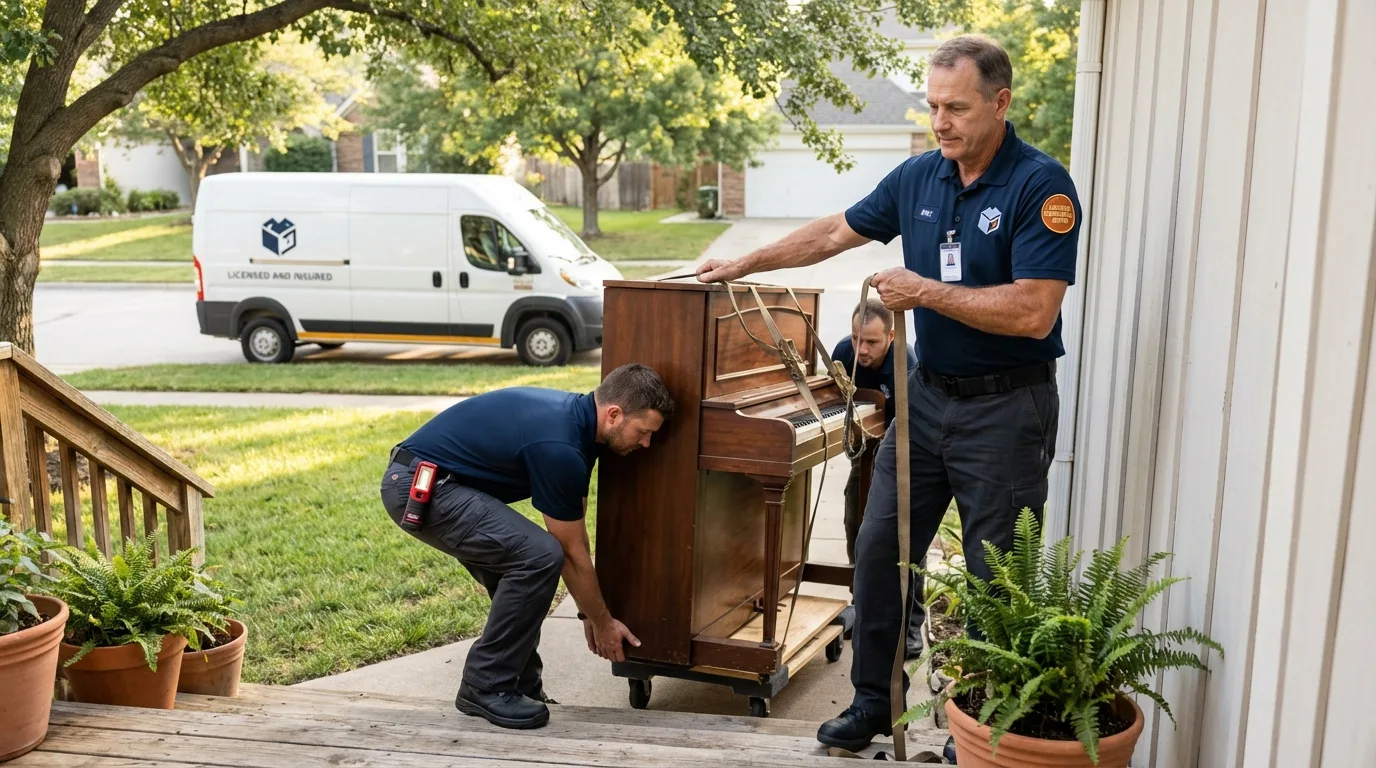 Licensed piano movers securing grand piano in New Braunfels, TX