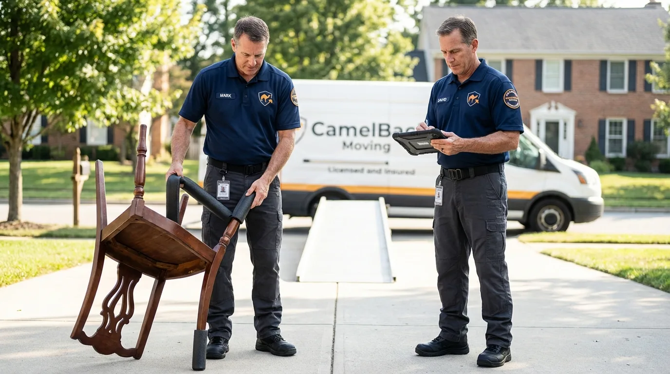 Movers inspecting furniture for damage prevention before loading in New Braunfels, TX