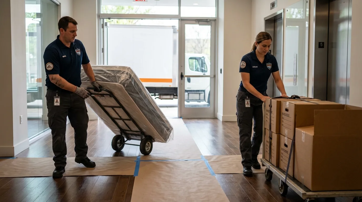 Professional apartment movers loading elevator in New Braunfels, TX