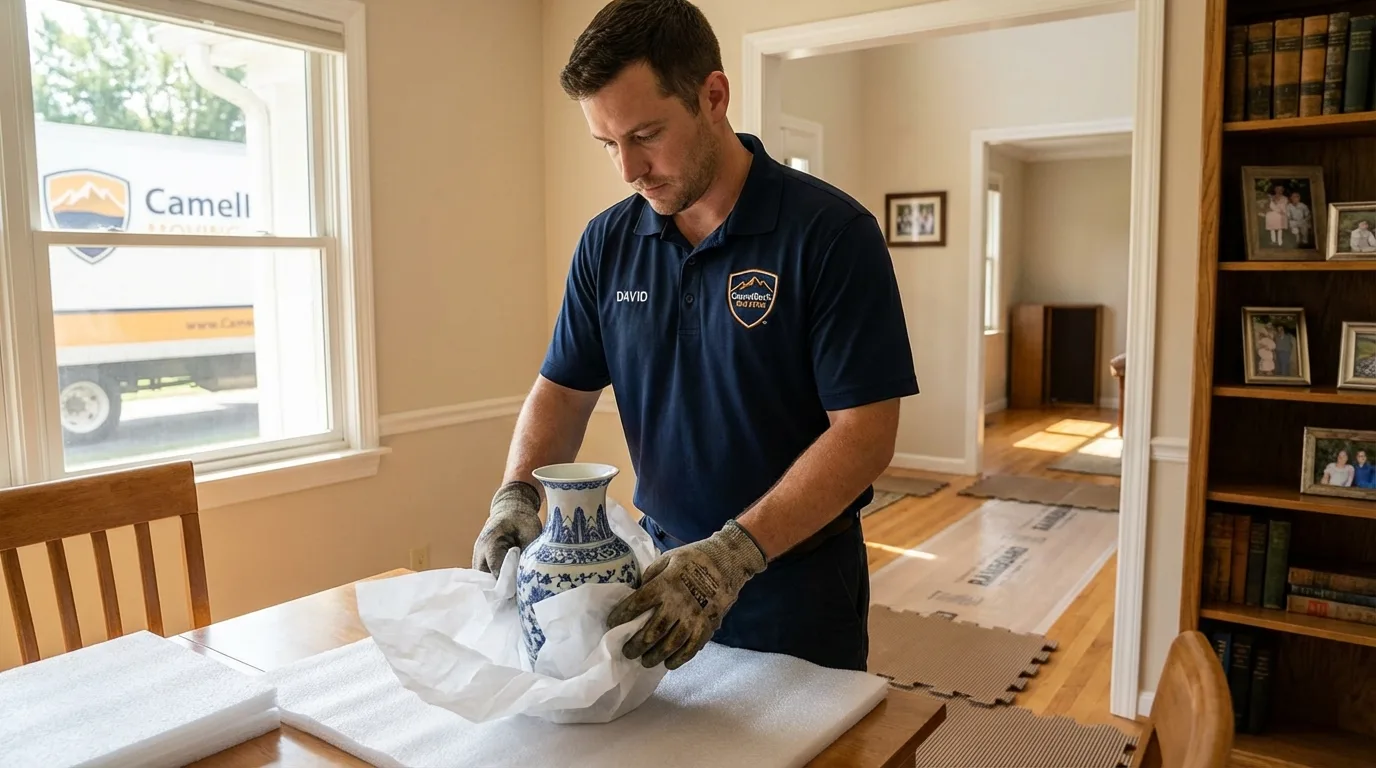 Professional crew carefully wrapping antique vase for senior downsizing move in New Braunfels, TX